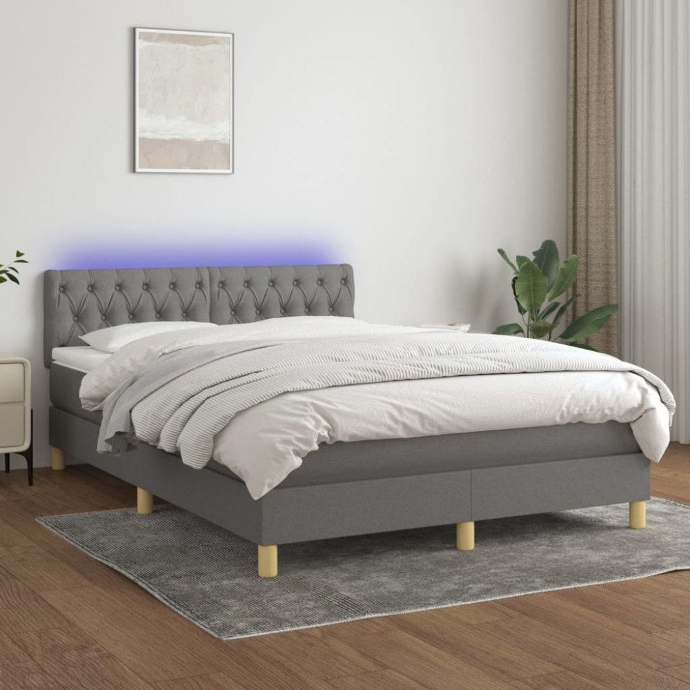 vidaXL Ramsäng med madrass & LED mörkgrå 140x190 cm tyg