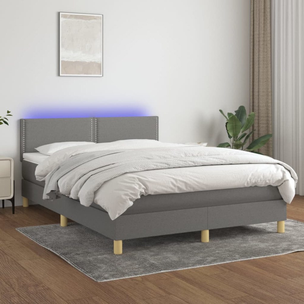 vidaXL Ramsäng med madrass & LED mörkgrå 140x190 cm tyg