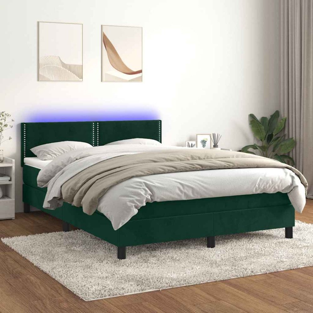 vidaXL Resårsäng med madrass och LED mörkgrön 140x190 cm sammet