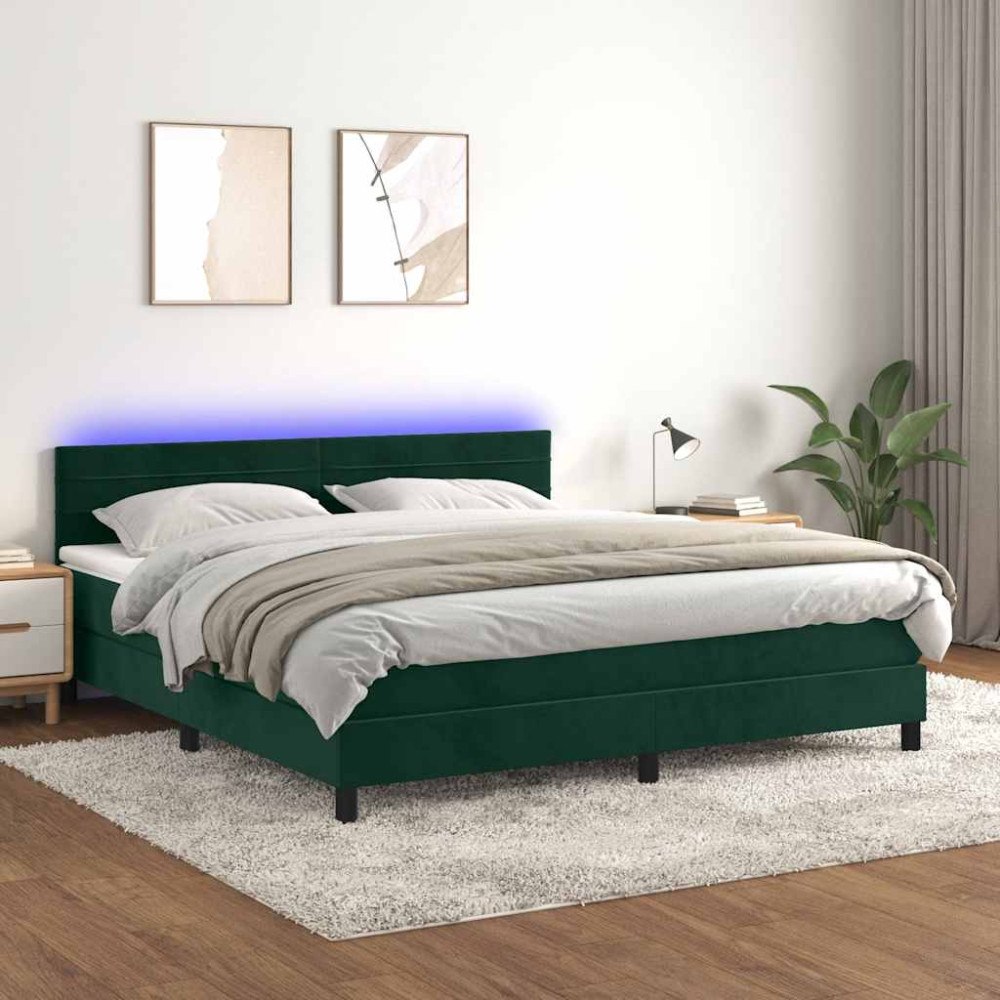 vidaXL Resårsäng med madrass och LED mörkgrön 160x200 cm sammet
