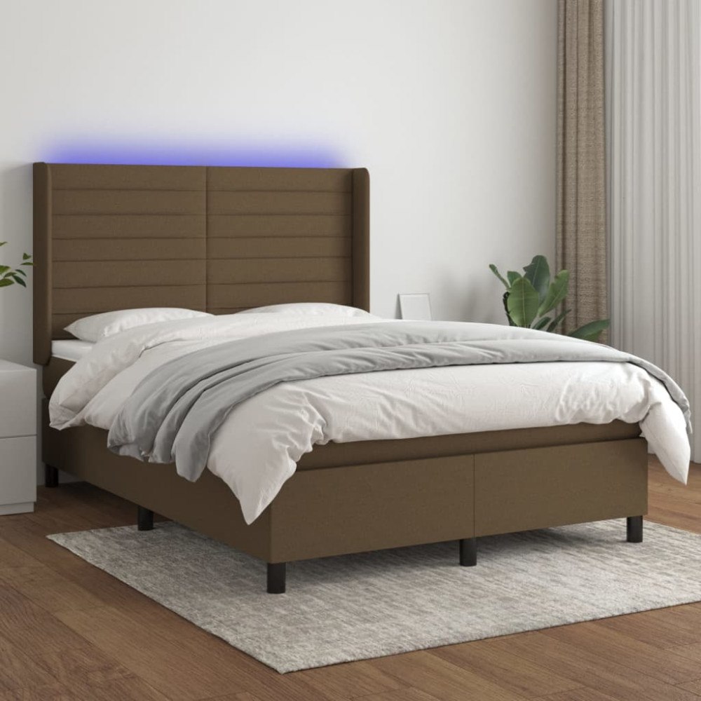 vidaXL Ramsäng med madrass & LED mörkbrun 140x190 cm tyg
