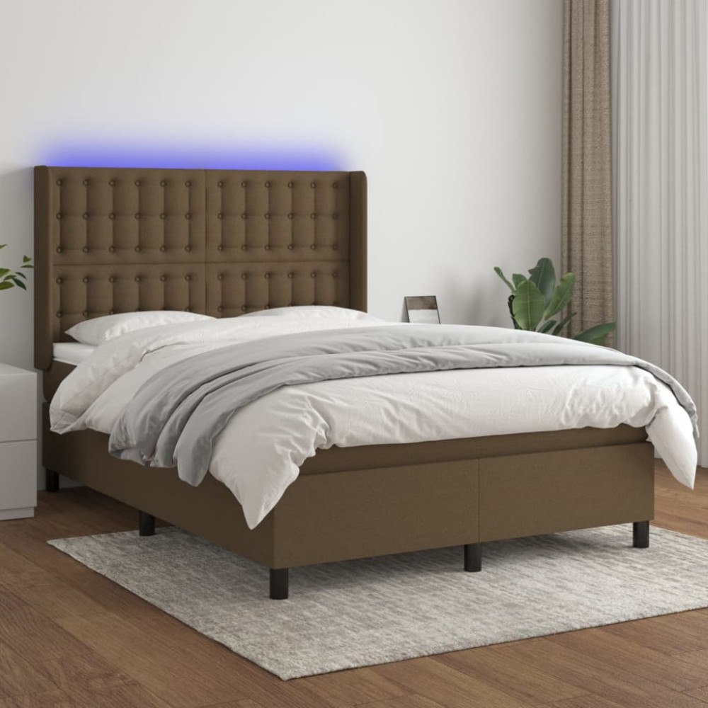 vidaXL Ramsäng med madrass & LED mörkbrun 140x200 cm tyg