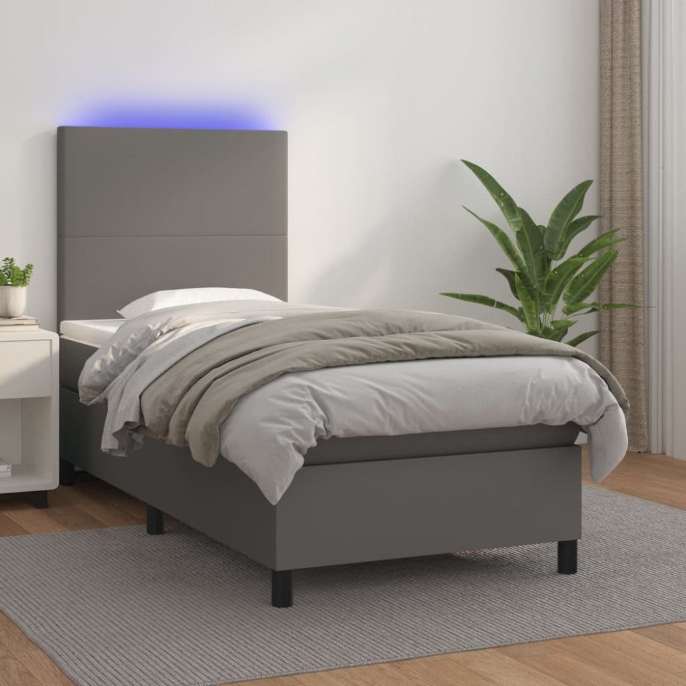 vidaXL Ramsäng med madrass & LED grå 90x200 cm konstläder