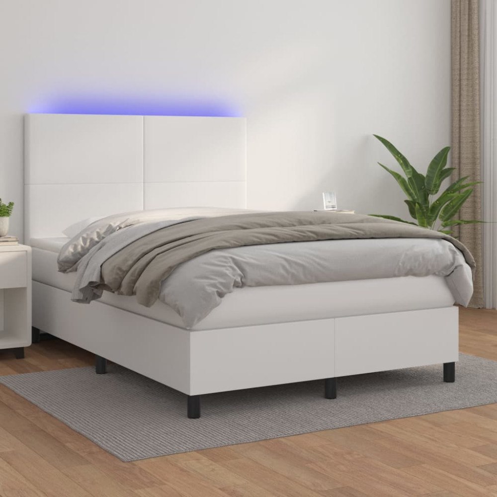 vidaXL Ramsäng med madrass & LED vit 140x190 cm konstläder