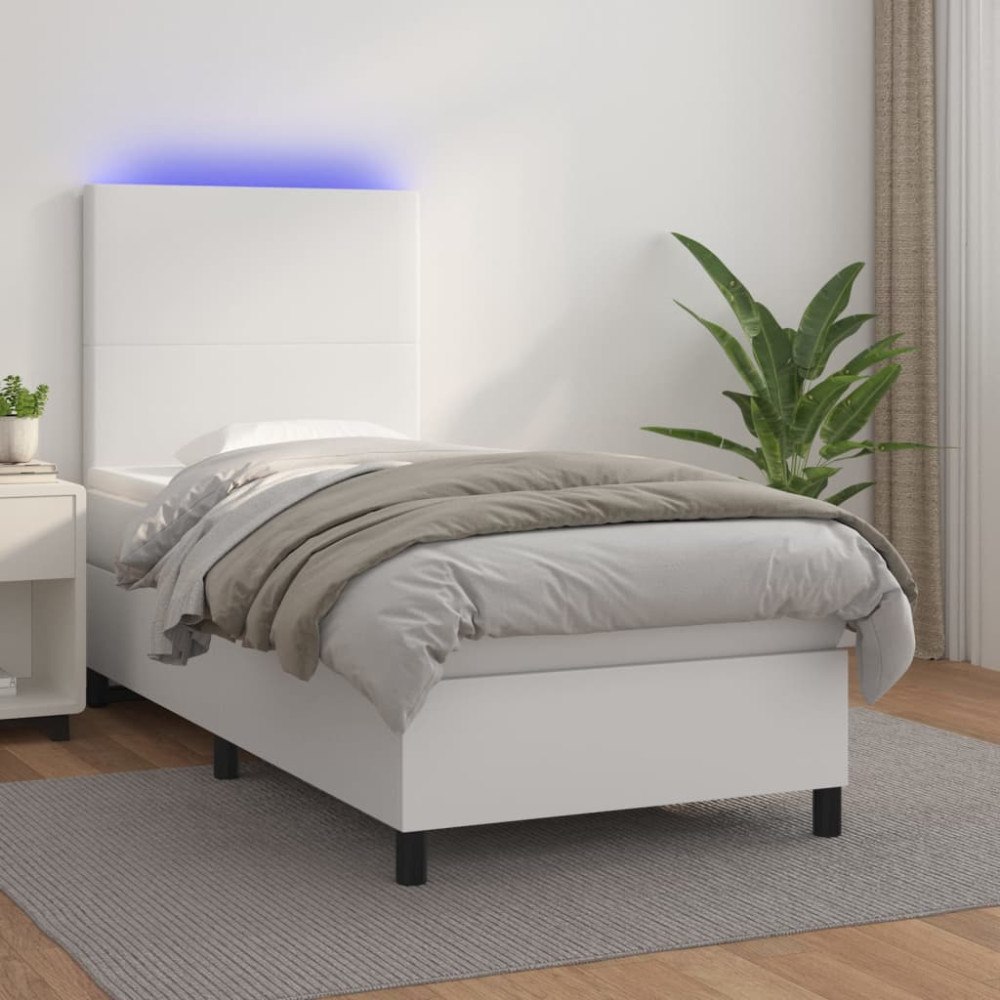 vidaXL Ramsäng med madrass & LED vit 100x200 cm konstläder
