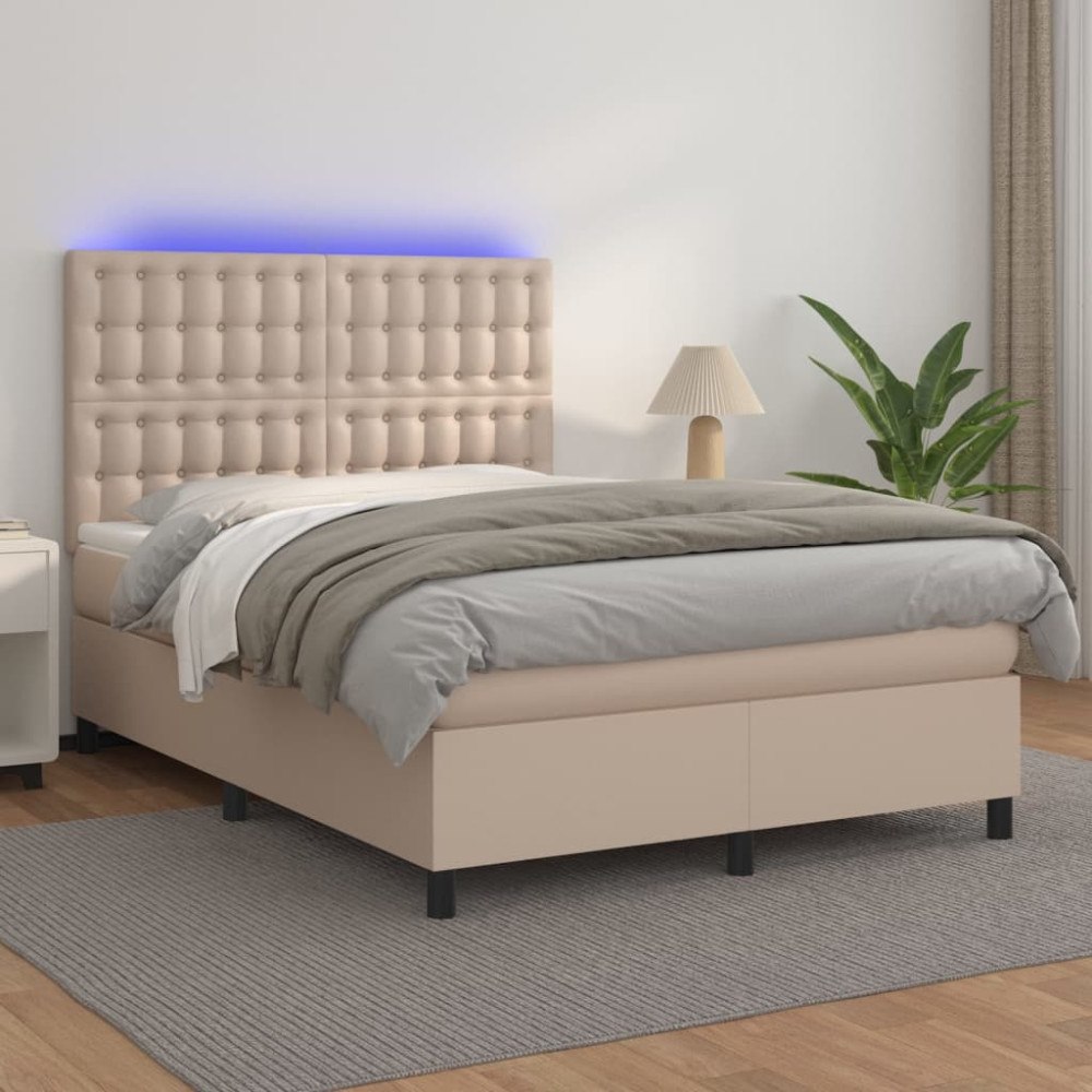 vidaXL Ramsäng med bäddmadrass & LED cappuccino 140x200 cm konstläder