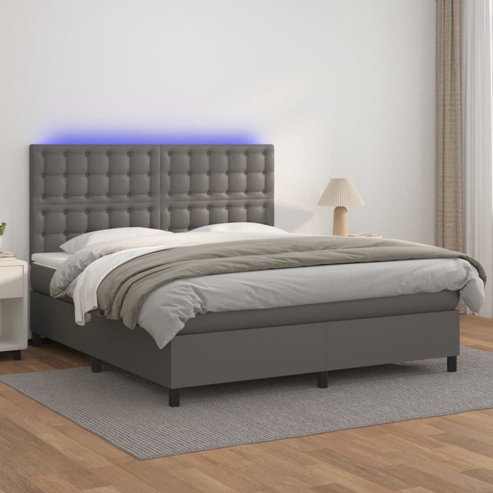 vidaXL Ramsäng med madrass & LED grå 180x200 cm konstläder