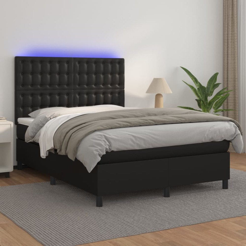 vidaXL Ramsäng med madrass & LED svart 140x190 cm konstläder