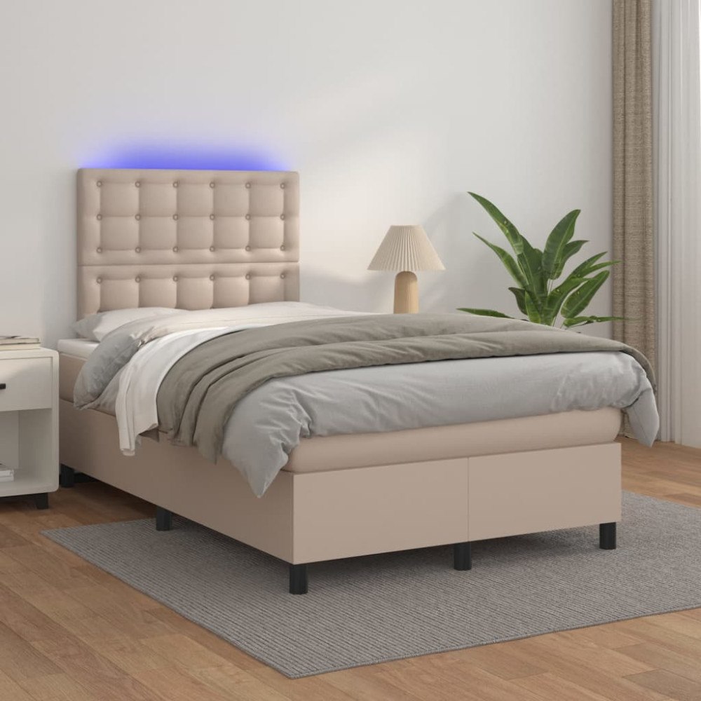 vidaXL Ramsäng med bäddmadrass & LED cappuccino 120x200 cm konstläder