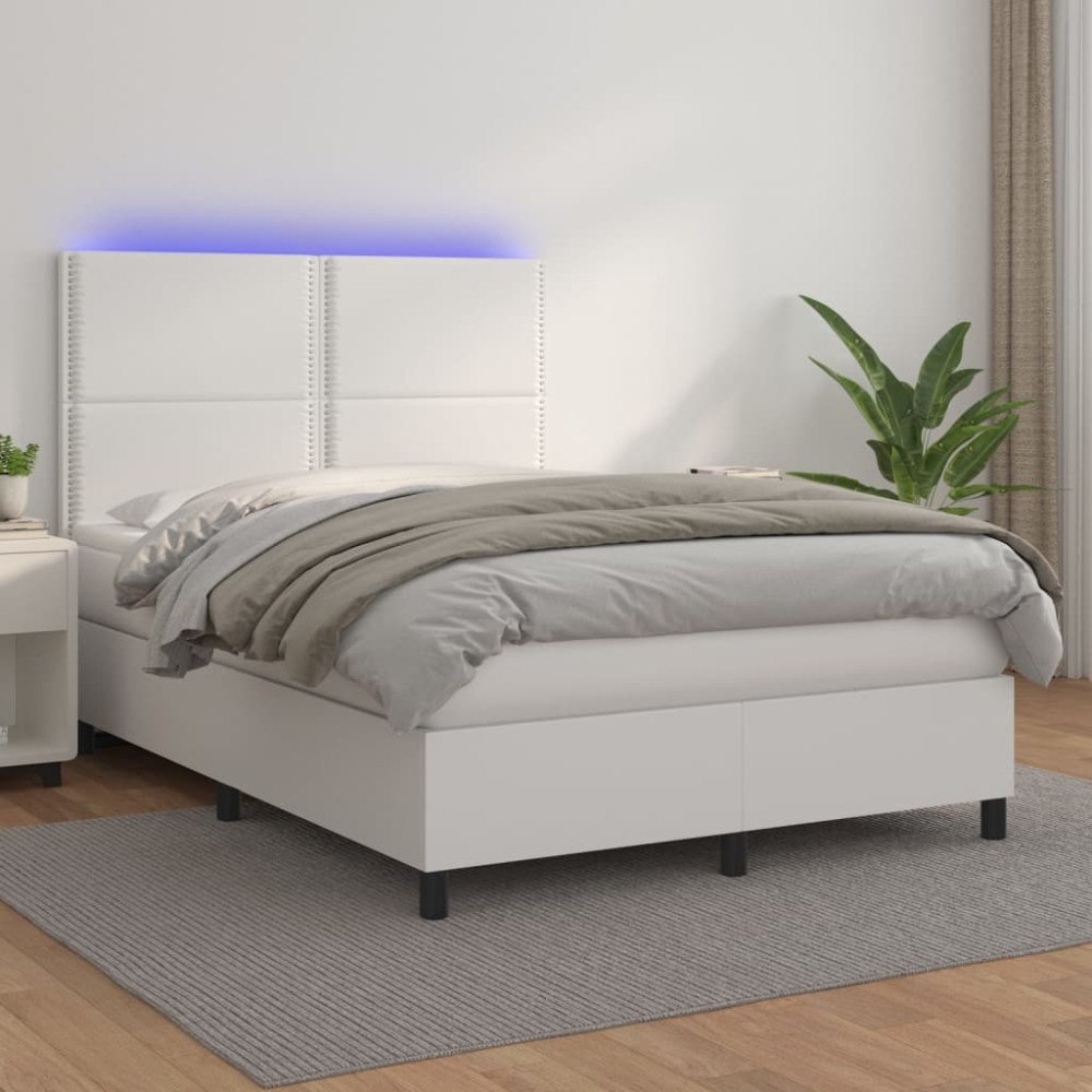 vidaXL Ramsäng med madrass & LED vit 140x190 cm konstläder