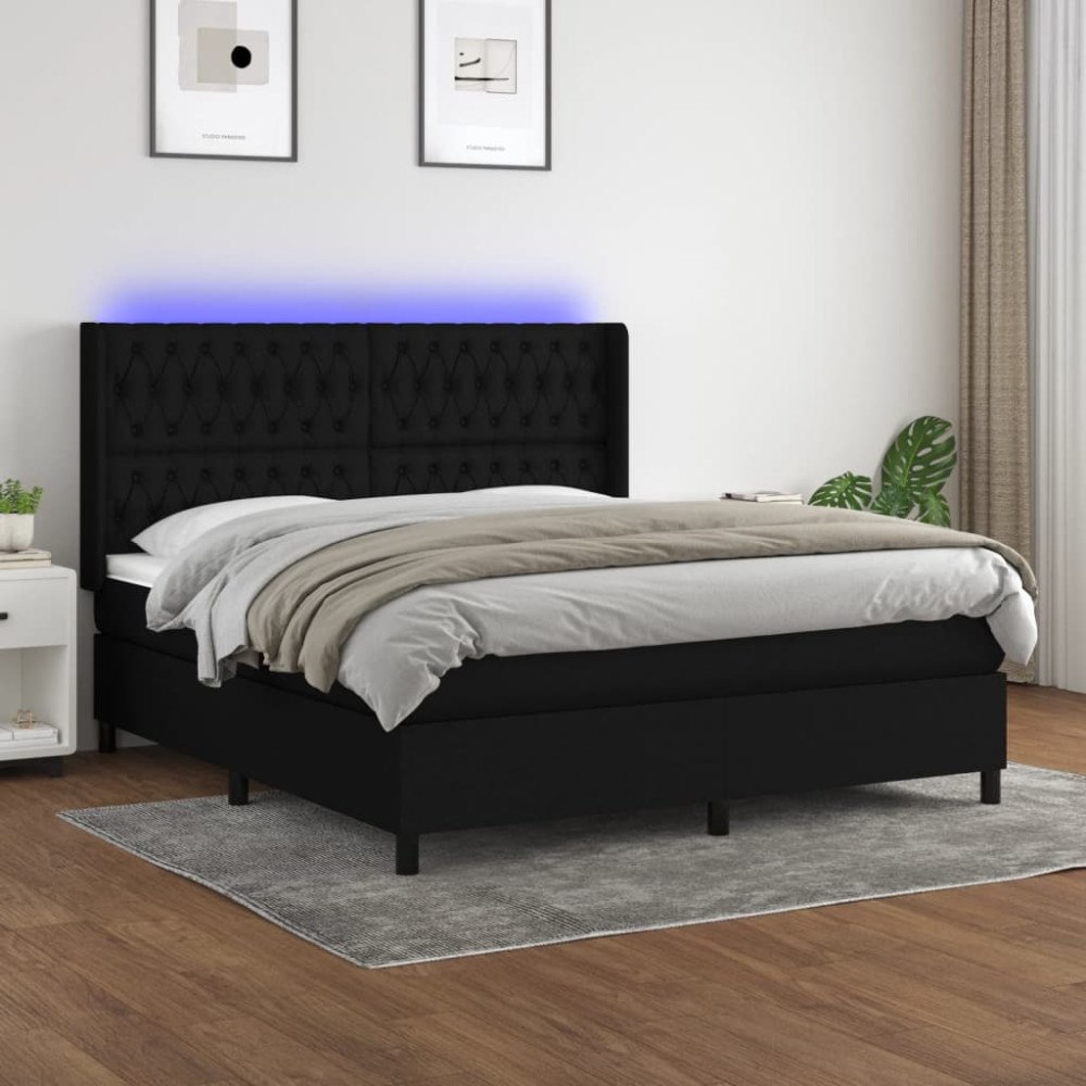 vidaXL Ramsäng med madrass & LED svart 180x200 cm tyg