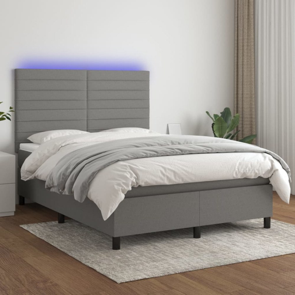 vidaXL Ramsäng med madrass & LED mörkgrå 140x190 cm tyg