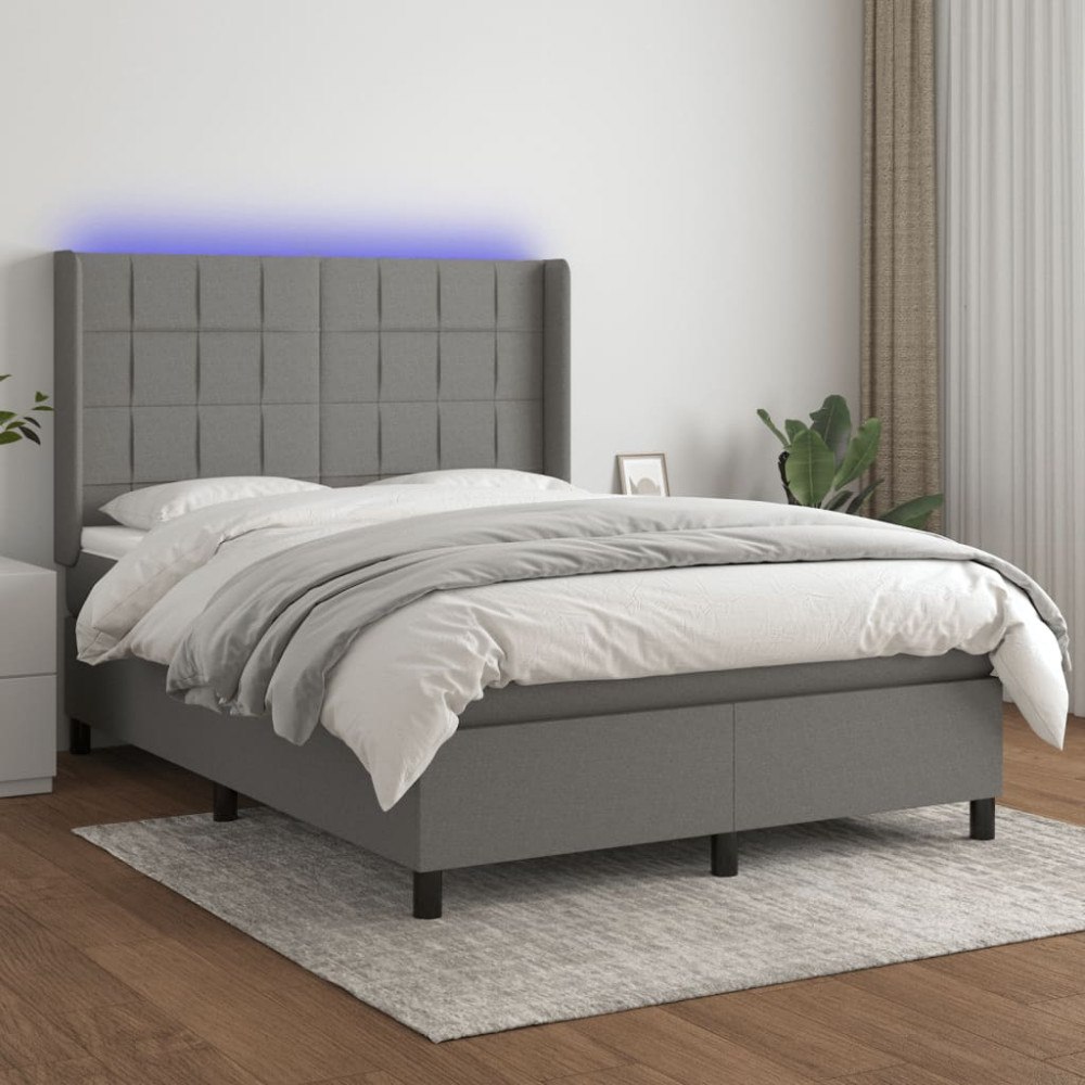 vidaXL Ramsäng med madrass & LED mörkgrå 140x190 cm tyg