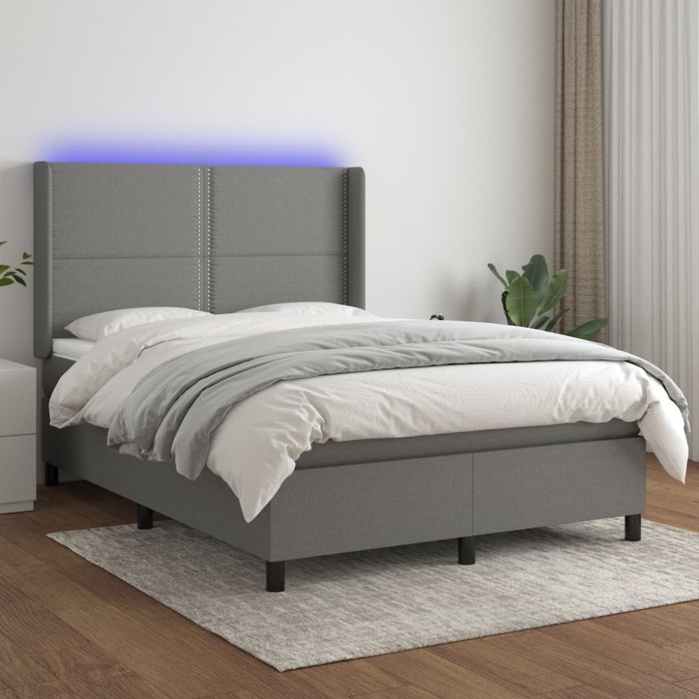 vidaXL Ramsäng med madrass & LED mörkgrå 140x190 cm tyg