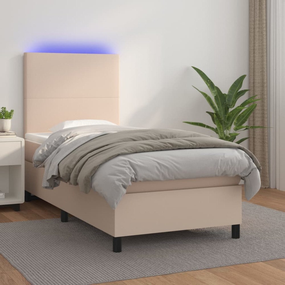 vidaXL Ramsäng med bäddmadrass & LED cappuccino 80x200 cm konstläder