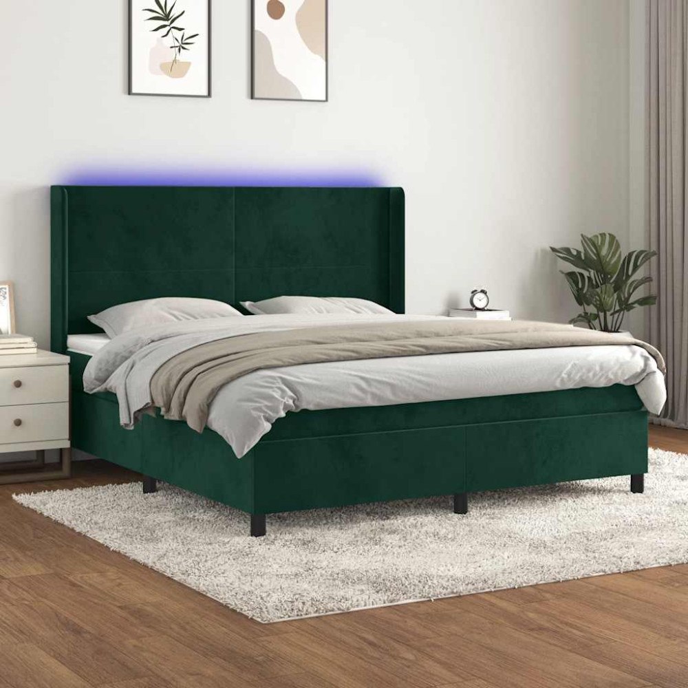 vidaXL Ramsäng med madrass & LED mörkgrön 160x200 cm sammet