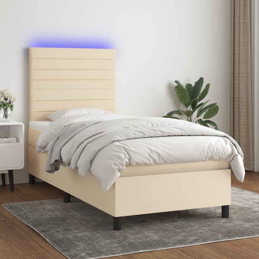 vidaXL Ramsäng med madrass & LED gräddvit 90x200 cm tyg