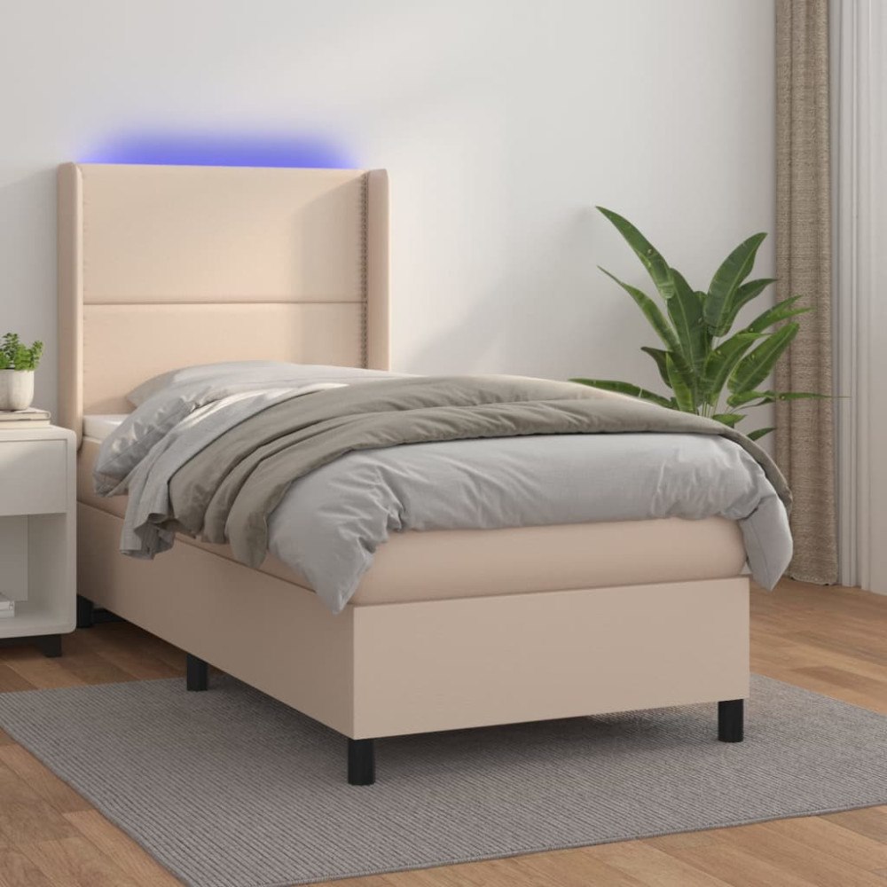 vidaXL Ramsäng med bäddmadrass & LED cappuccino 100x200 cm konstläder