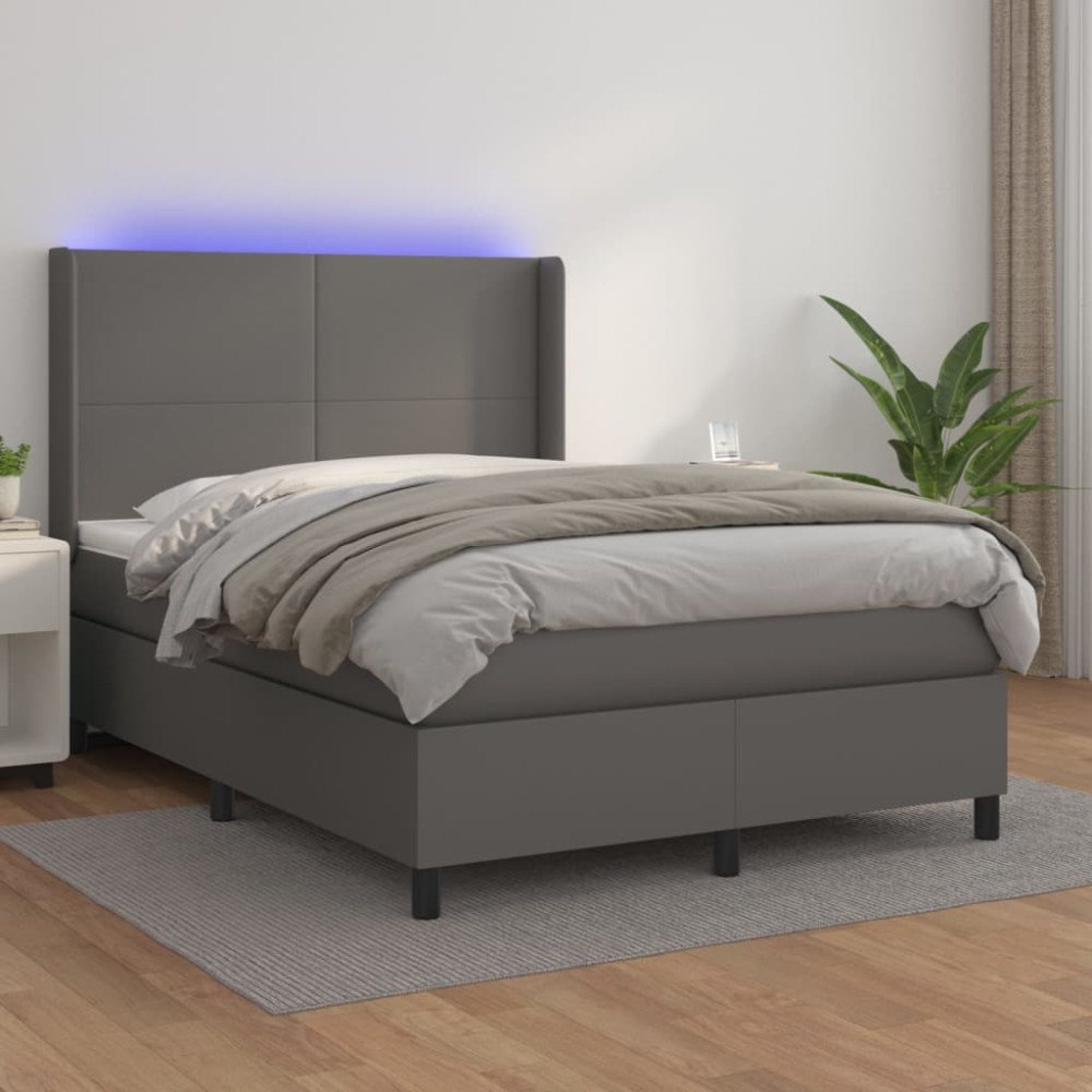 vidaXL Ramsäng med madrass & LED grå 140x190 cm konstläder