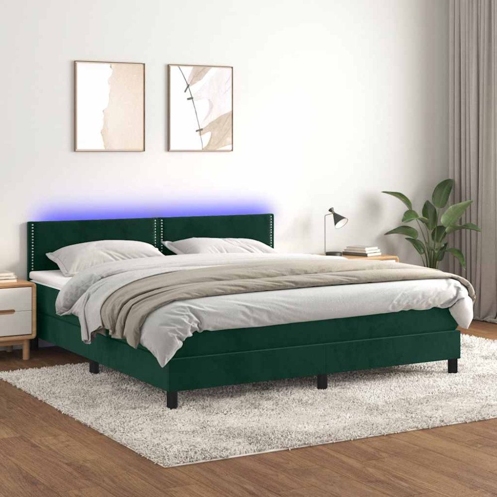 vidaXL Resårsäng med madrass och LED mörkgrön 180x200 cm sammet