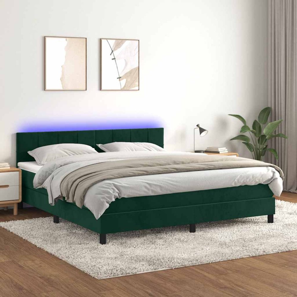 vidaXL Resårsäng med madrass och LED mörkgrön 160x200 cm sammet
