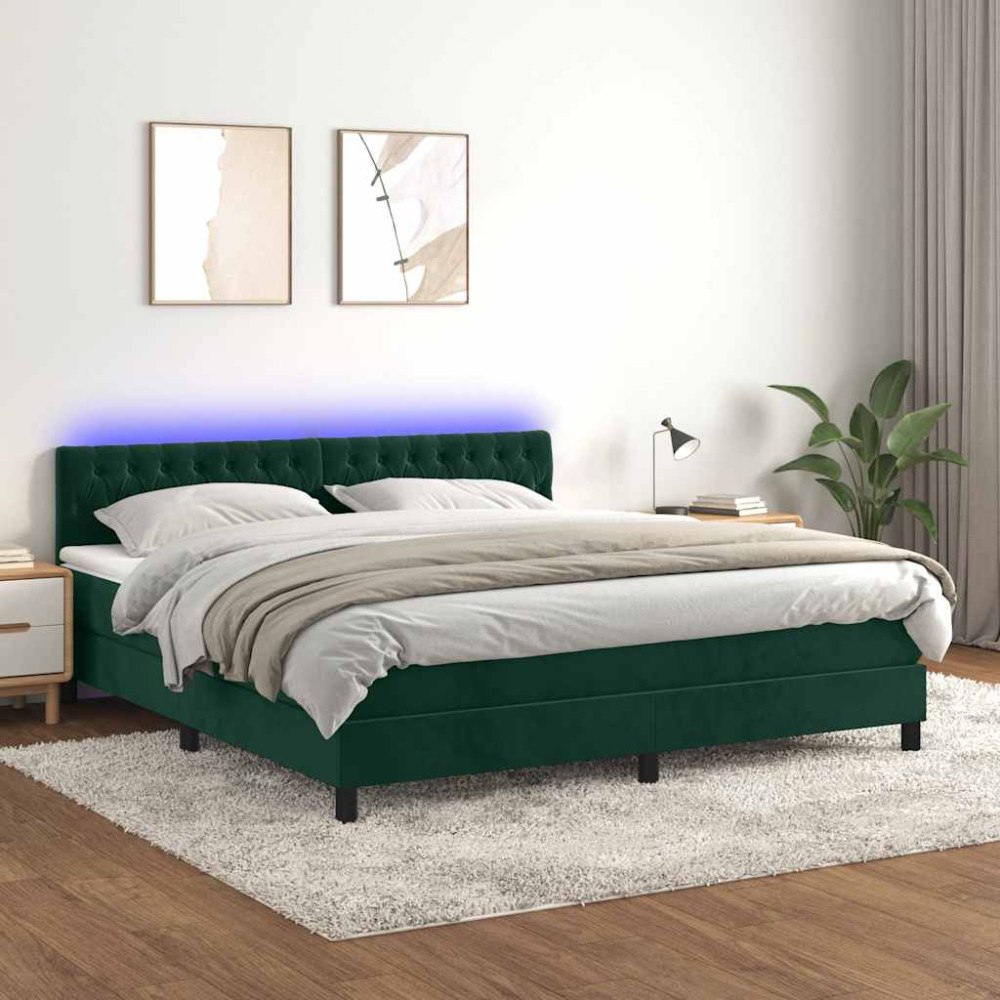 vidaXL Resårsäng med madrass och LED mörkgrön 160x200 cm sammet