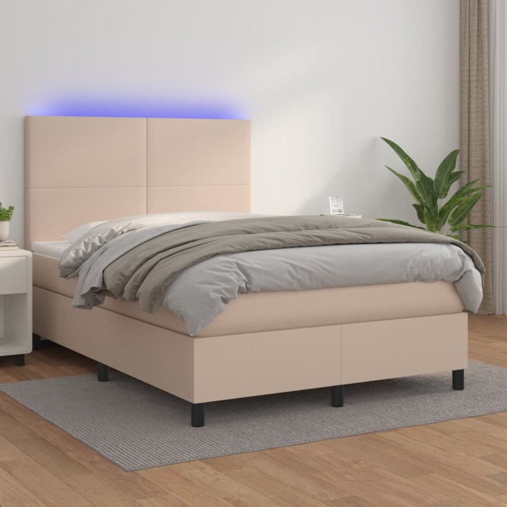 vidaXL Ramsäng med bäddmadrass & LED cappuccino 140x200 cm konstläder