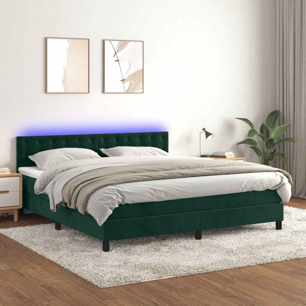 vidaXL Resårsäng med madrass och LED mörkgrön 160x200 cm sammet