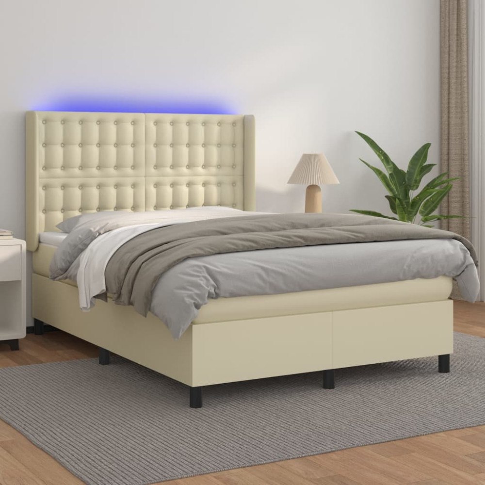vidaXL Ramsäng med madrass & LED gräddvit 140x190 cm konstläder
