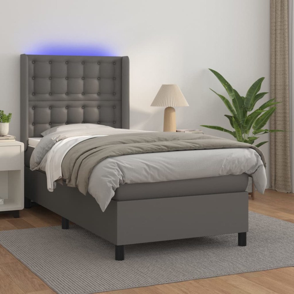 vidaXL Ramsäng med madrass & LED grå 100x200 cm konstläder