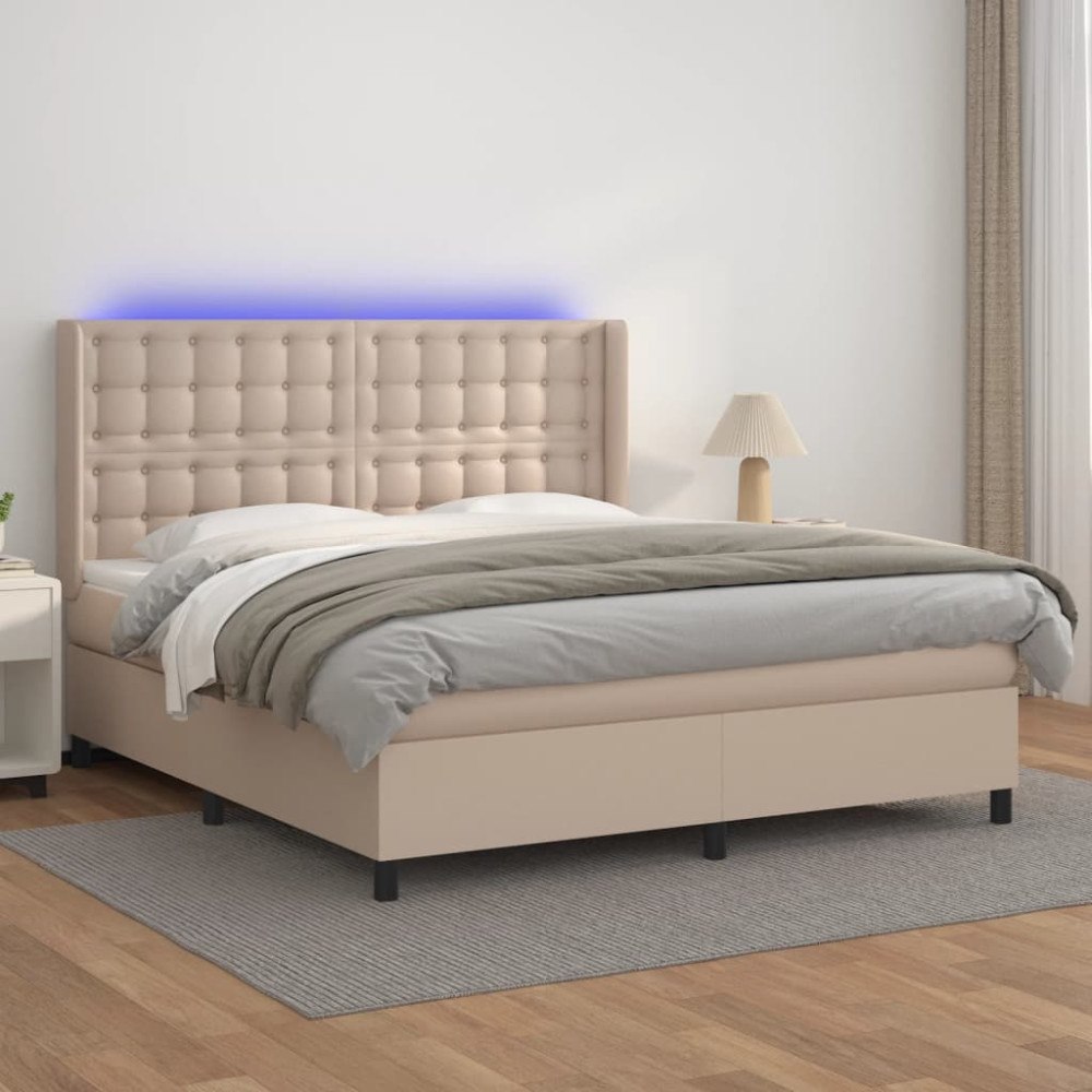 vidaXL Ramsäng med bäddmadrass & LED cappuccino 160x200 cm konstläder