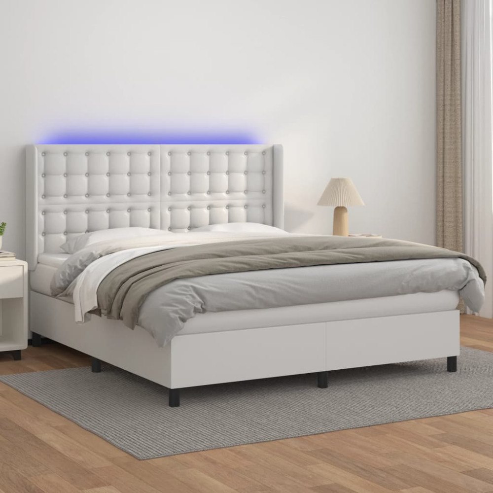 vidaXL Ramsäng med madrass & LED vit 180x200 cm konstläder