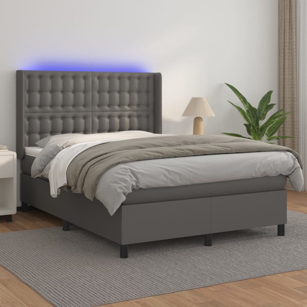 vidaXL Ramsäng med madrass & LED grå 140x190 cm konstläder