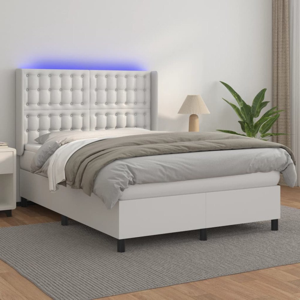 vidaXL Ramsäng med madrass & LED vit 140x190 cm konstläder