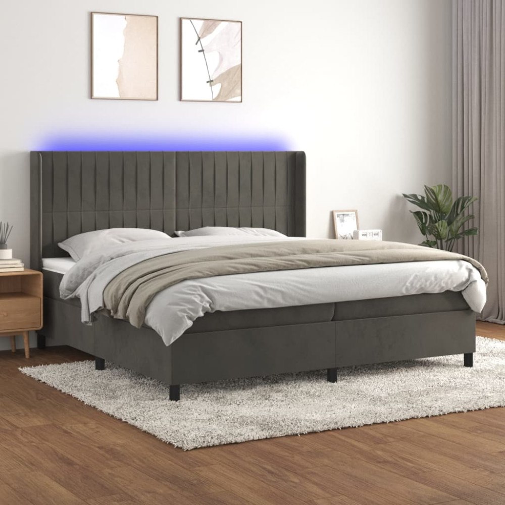 vidaXL Ramsäng med madrass & LED mörkgrå 200x200 cm sammet