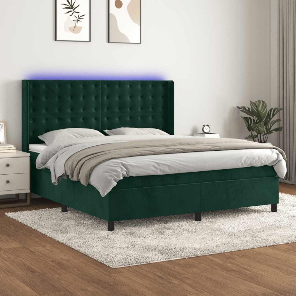 vidaXL Ramsäng med madrass & LED mörkgrön 160x200 cm sammet
