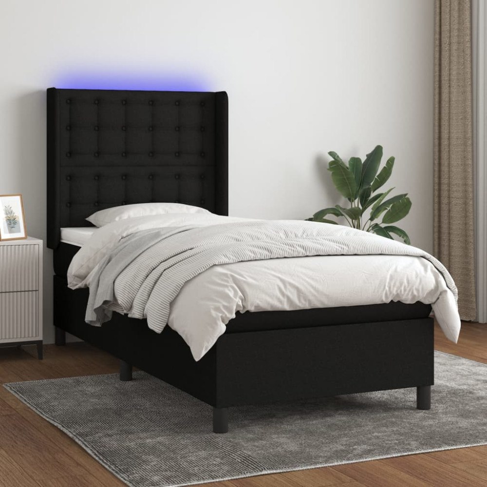 vidaXL Ramsäng med madrass & LED svart 90x190 cm tyg