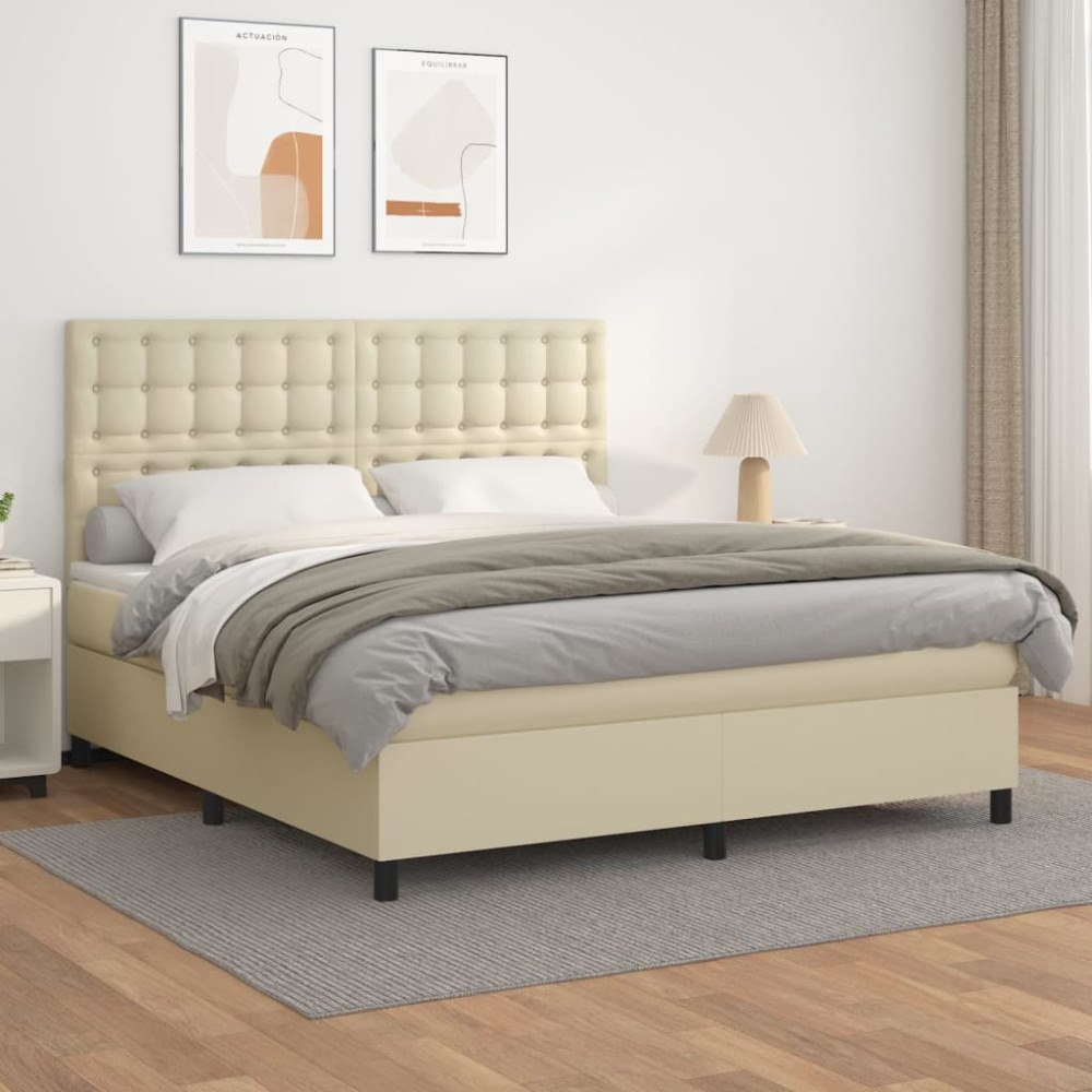 vidaXL Ramsäng med madrass gräddvit 180x200 cm konstläder