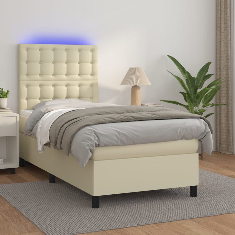 vidaXL Ramsäng med madrass & LED gräddvit 90x190 cm konstläder