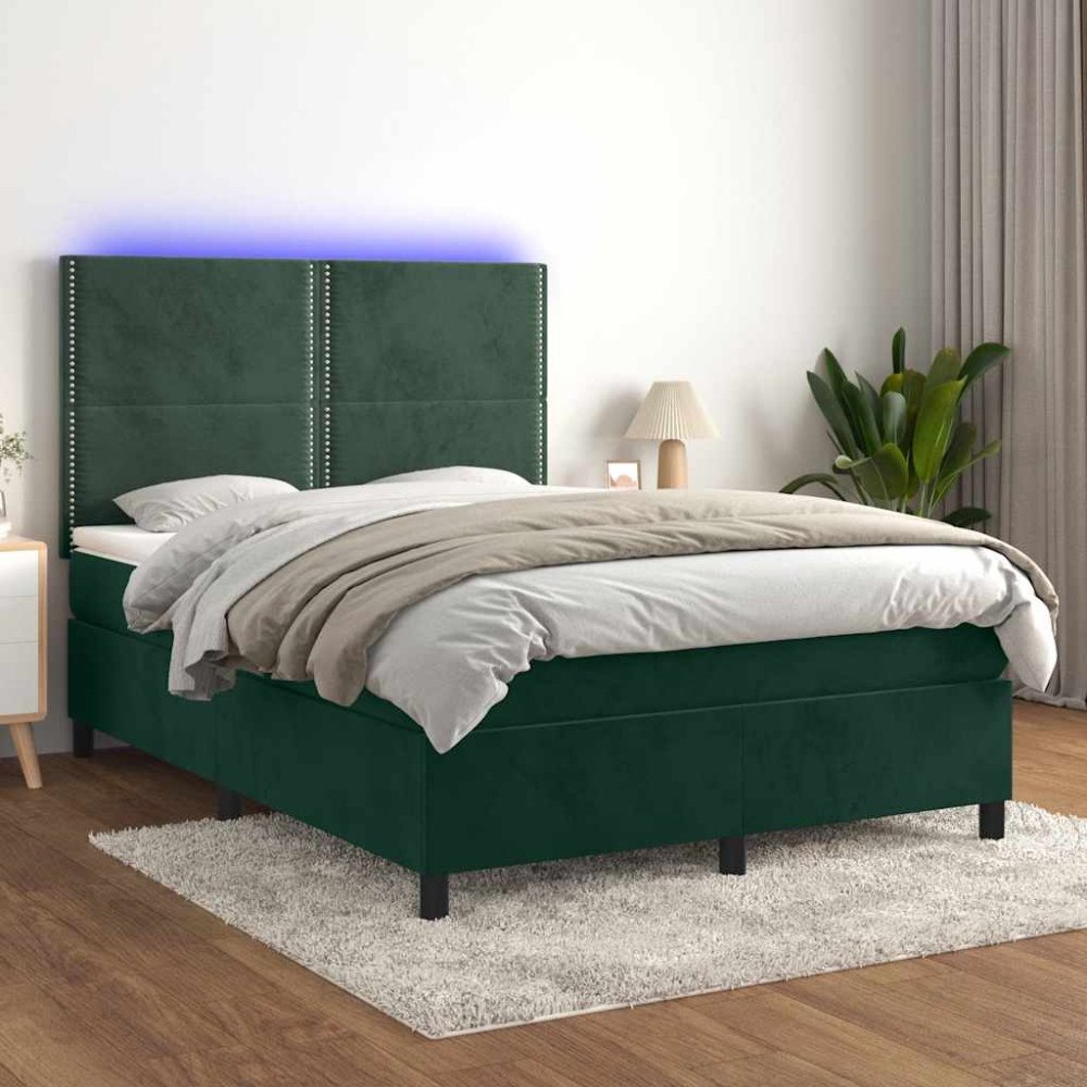 vidaXL Ramsäng med madrass & LED mörkgrön 140x200 cm sammet