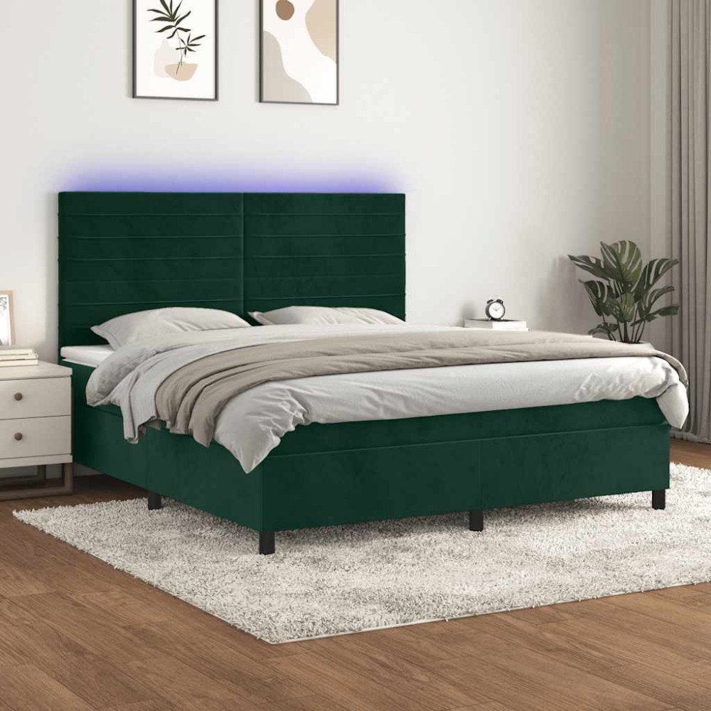 vidaXL Ramsäng med madrass & LED mörkgrön 160x200 cm sammet