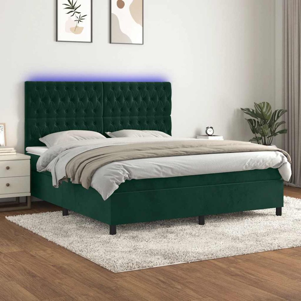 vidaXL Ramsäng med madrass & LED mörkgrön 160x200 cm sammet