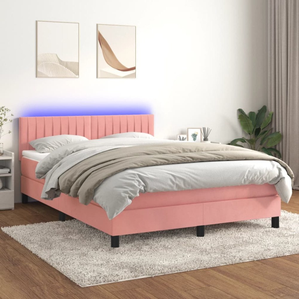 vidaXL Ramsäng med madrass & LED rosa 140x190 cm sammet