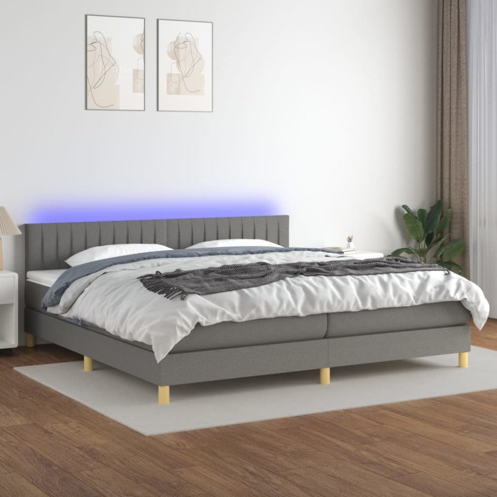 vidaXL Ramsäng med madrass & LED mörkgrå 200x200 cm tyg