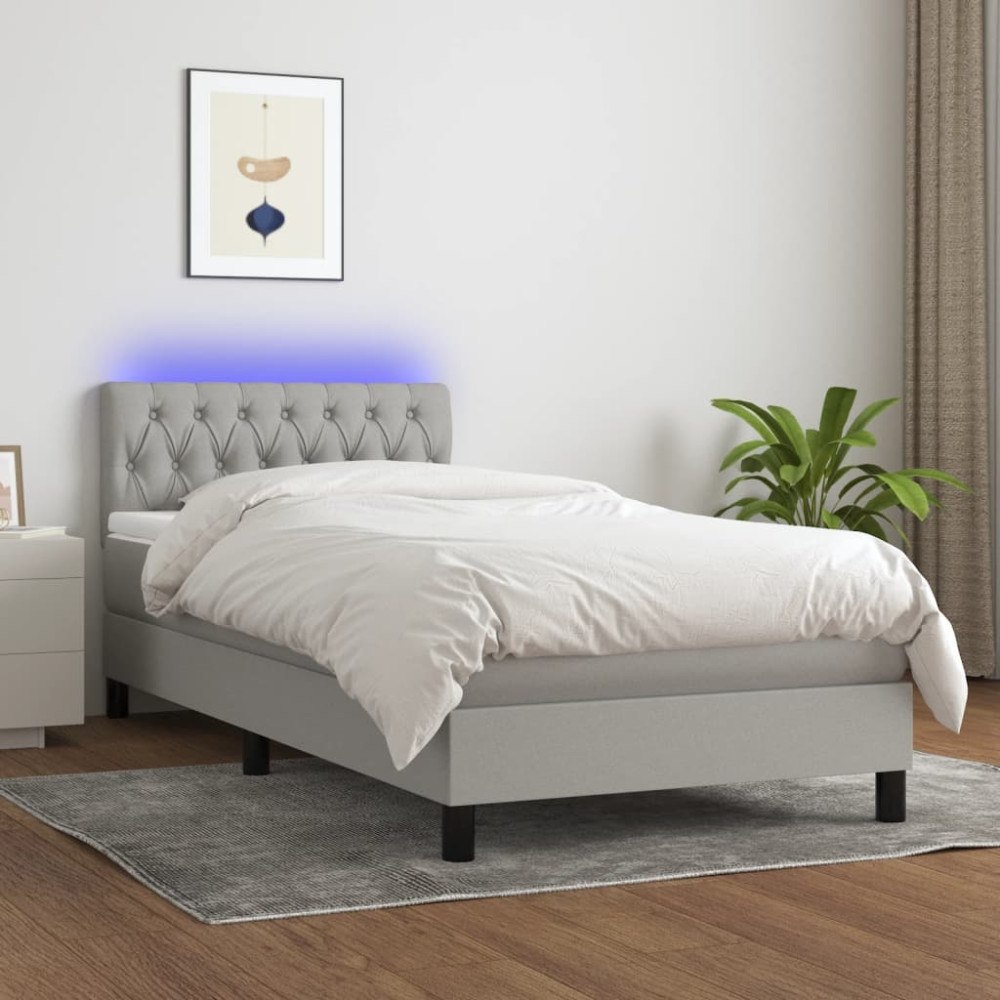 vidaXL Ramsäng med madrass & LED ljusgrå 90x190 cm tyg