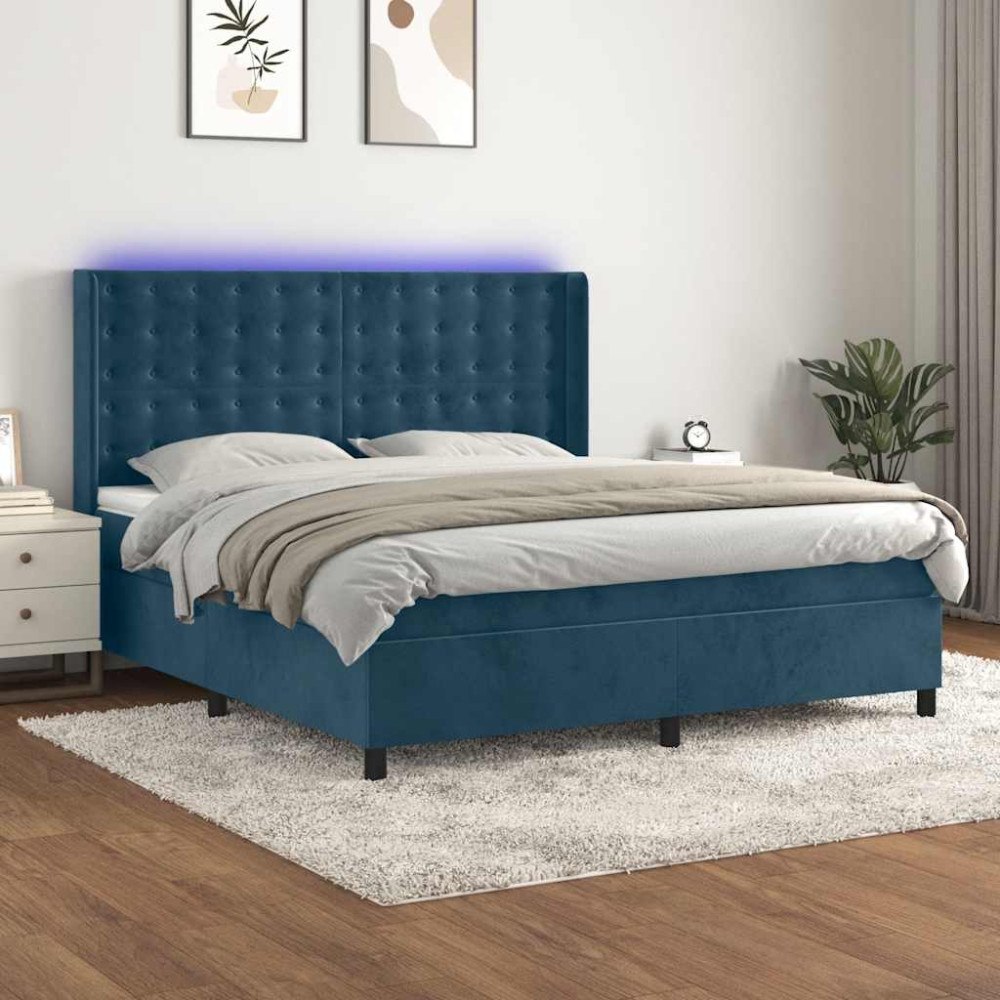 vidaXL Ramsäng med madrass & LED mörkblå 160x200 cm sammet