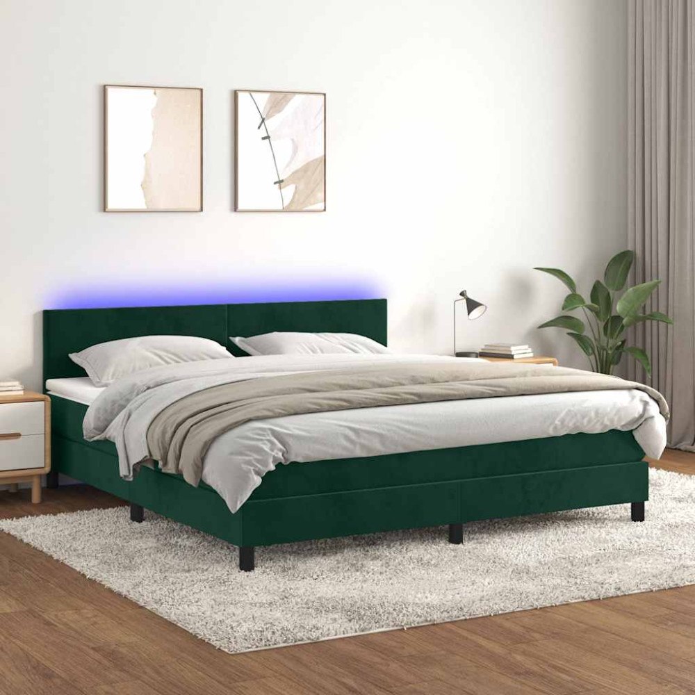 vidaXL Resårsäng med madrass och LED mörkgrön 160x200 cm sammet