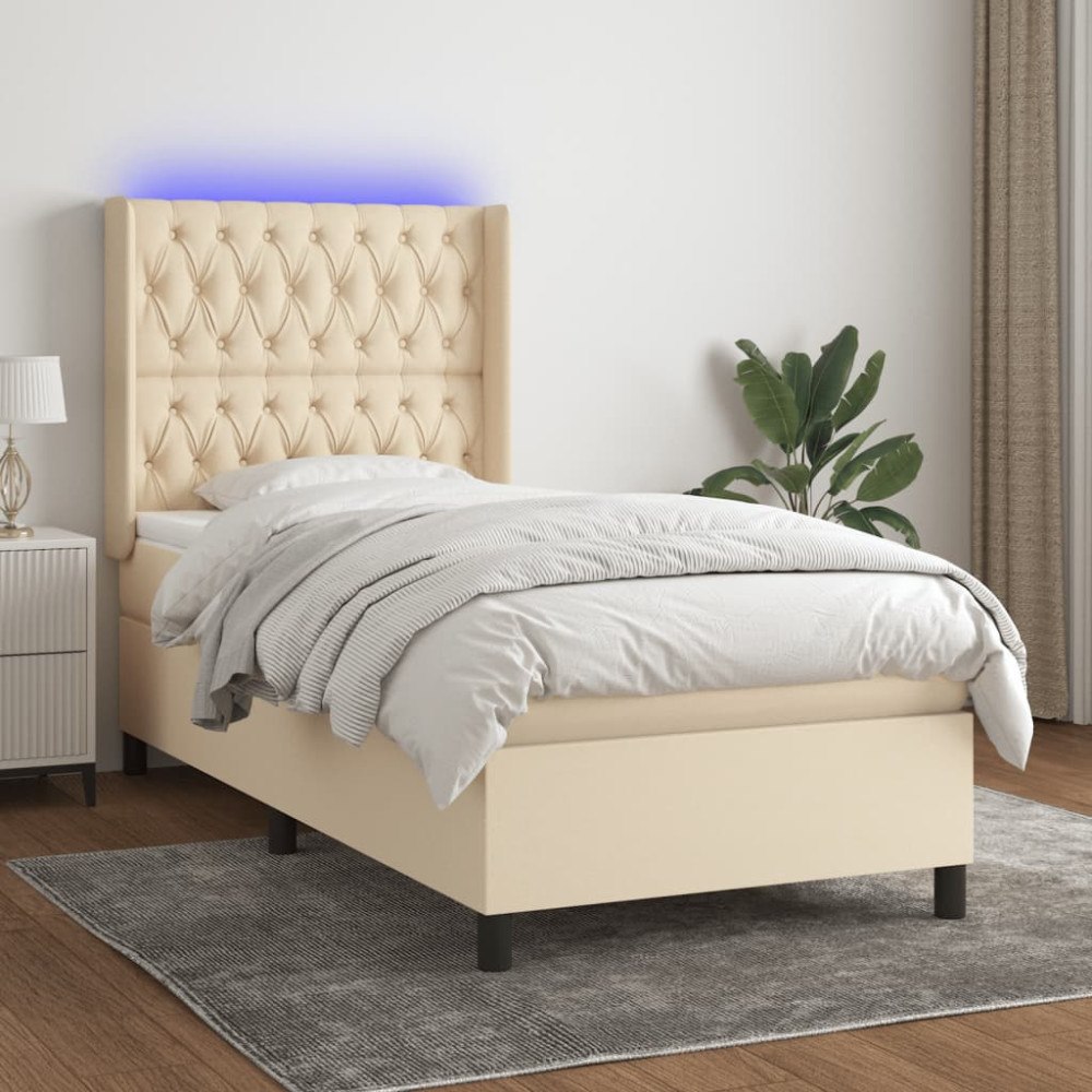 vidaXL Ramsäng med madrass & LED gräddvit 90x190 cm tyg