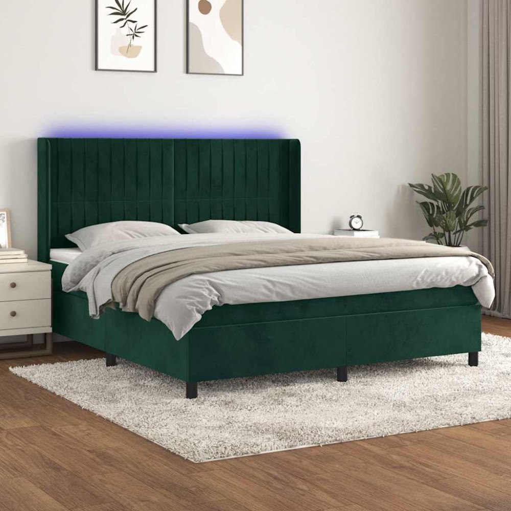vidaXL Ramsäng med madrass & LED mörkgrön 180x200 cm sammet
