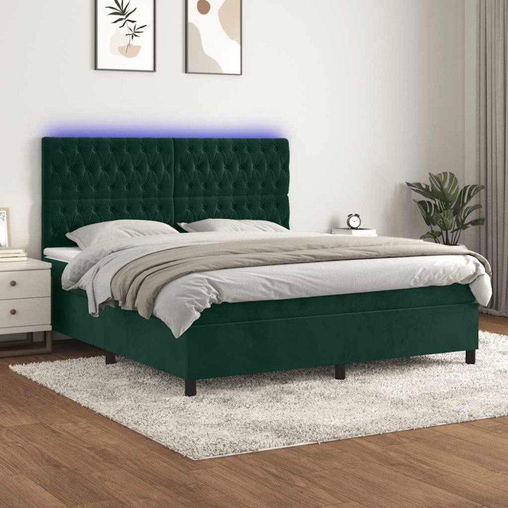 vidaXL Ramsäng med madrass & LED mörkgrön 180x200 cm sammet